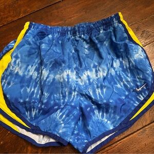 Vintage Blue Tie-Dye Athletic Shorts with Yellow Trim